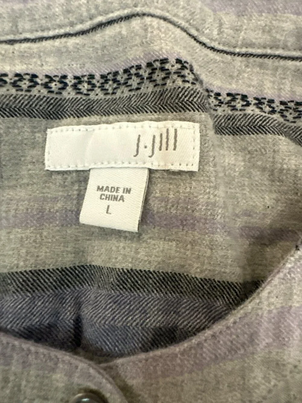 J. Jill Womens Top L Blue Gray Striped Button Long Sleeve 100% Cotton Aztec Boho - Picture 3 of 7